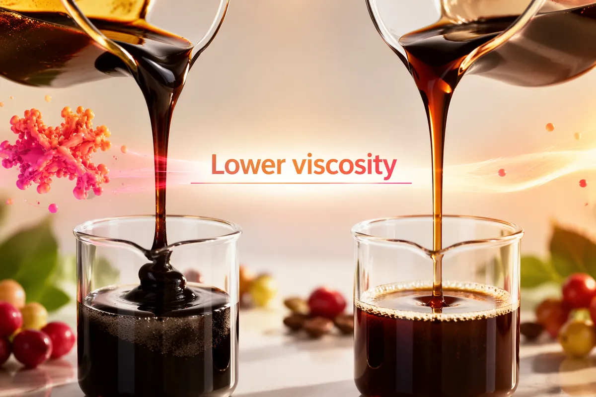 Two glass beakers of dark coffee concentrate being poured: a thick, slow, syrupy stream on the left and a thinner free-flowing stream on the right